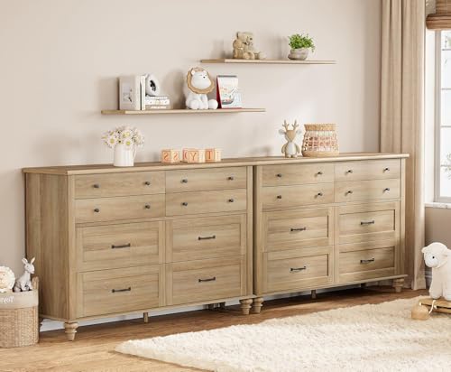 WAMPAT 2-in-1 Baby Dresser with 16 Drawers for Kids Room, Farmhouse Kids Dresser Wooden Double Dresser for Bedroom, Large 8 Drawer Dresser Set Organizer for Children’s Bedroom, Nursery Furniture