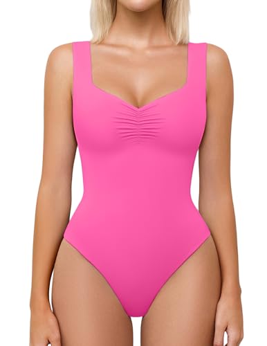 Avidlove Women Body Suit Sweetheart Neck Ruched Bodysuits Seamless Double Lined Tank Top Slimming Pink