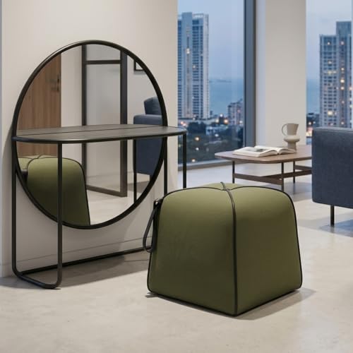 Image of FURNY Signature Regalia Suri Accent Pouf | Boston Fabric | 40D High-Density Foam | (Sage Olive) | Footrest, Vanity Ottoman & Accent Seat for Home, Office & Hotel