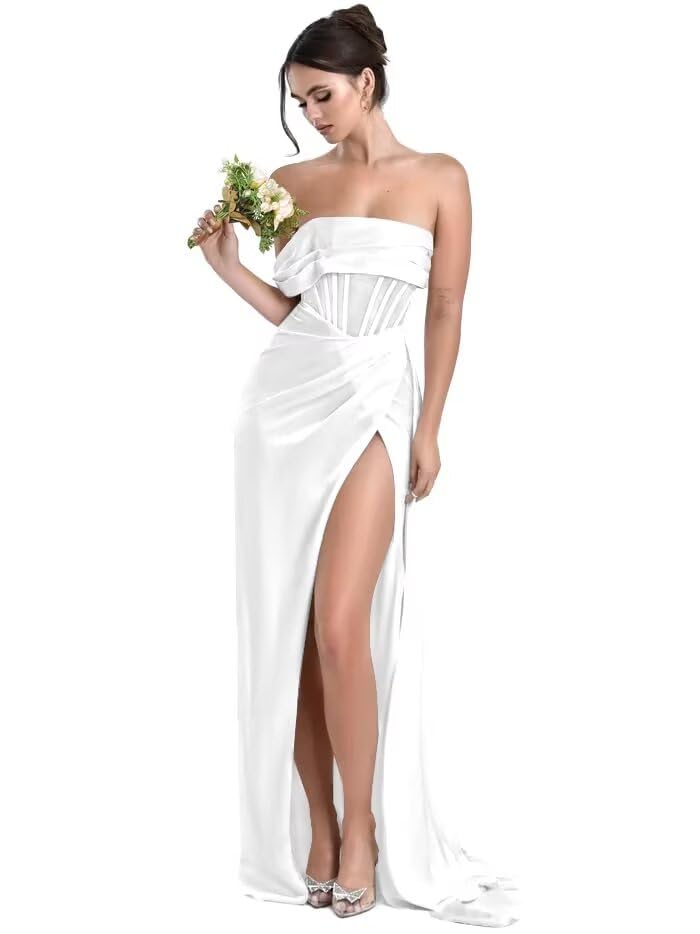 Off Shoulder Satin Mermaid Prom Dresses Corset Long Bridesmaid Dresses for Women 2024 Formal Evening Dresses with Slit