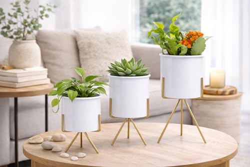 Image of Planters for Indoor Planters Indoor Plant Stands with Pots (White /Gold (Short Stands) Set of 3)