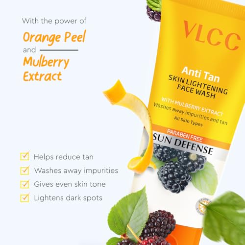 VLCC Anti-Tan Skin Lightening Face Wash – 150 ml x 2 (300 ml) | With Mulberry & Orange Peel Extract | Brightening Sunscreen with Broad Spectrum Protection | Removes sun damage, spots and dullness