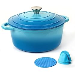 Ollas De Fundición Esmaltadas Parmedu Olla para Horno Holandés de Hierro Fundido Esmaltado de 2,5L con Tapa y Asas Dobles, Accesorios de Silicona Incluidos, Ideal para Estofar, Guisar, Asar y Hornear, en Azul