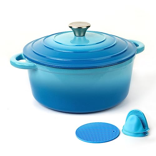 Parmedu Olla para Horno Holandés de Hierro Fundido Esmaltado de 2,5L con Tapa y Asas Dobles, Accesorios de Silicona Incluidos, Ideal para Estofar, Guisar, Asar y Hornear, en Azul