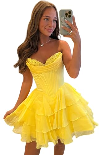 Yellow Corset Homecoming Dresses for Teens 2026 Chiffon Tiered Strapless Short HOCO Dress Party Prom Gown