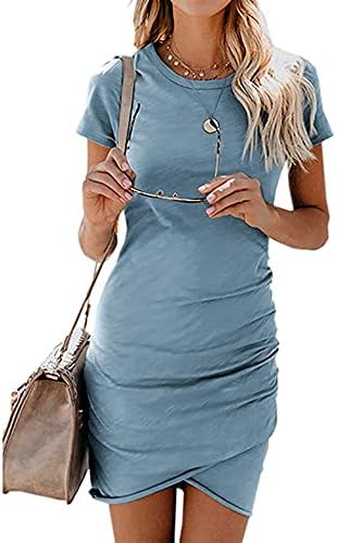 BTFBM Women's 2023 Summer Casual Beach Dresses Crew Neck Short Sleeve Wrap Party Club Mini Ruched Bodycon T Shirt Dress(104Blue, Large)