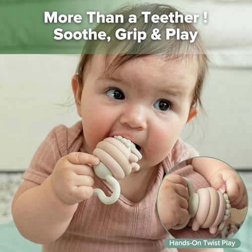 Image of haakaa Twisty Tilly Silicone Sheep Teether, Soft Textures for Sore Gums, Easy-to-Grip Rotating Ring Design Encourages Babies to Grasp, Twist and Explore, Desert Rose