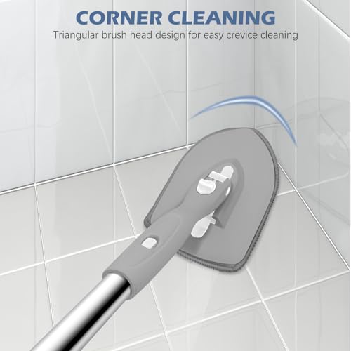Image of SetSail Tile Tub Scrubber Brush 3-in-1 Shower Scrubber with Adjustable Long Handle Shower Cleaner Brush and 3 Detachable Replacement Brush Heads for Cleaning Bathroom Kitchen Walls Tub Tile,Grey