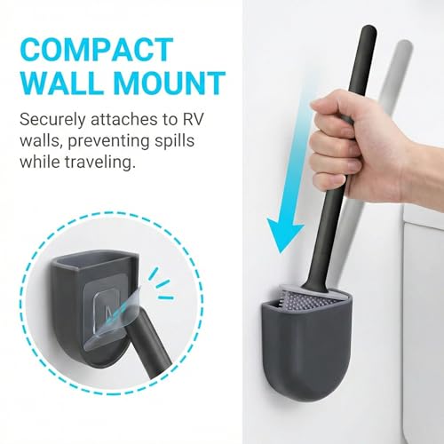 Image of RV Silicone Toilet Brush with Holder, Drill-Free Wall Mounted Toilet Bowl Cleaner, Anti-Drip Anti-Roll Compact Brush for RV Camper & Small Bathroom