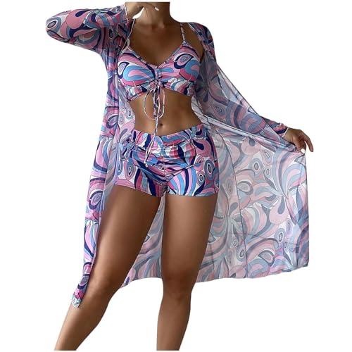 Image of SSoShHub Babydoll Lingerie Bodysuit Swimwear Mini Chemise Mesh Wedding Robe with Bikini Nightie Bridal Nightdress with Bra, Panty and Robe 3 Piece Set