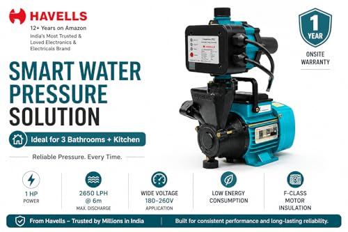 Image of Havells 1hp High Flo Pressure Booster Pump for Home and Kitchen I 1hp with Automatic pump controller (for 3-4 bathrooms) I Water pump 1hp I 12 Months Warranty