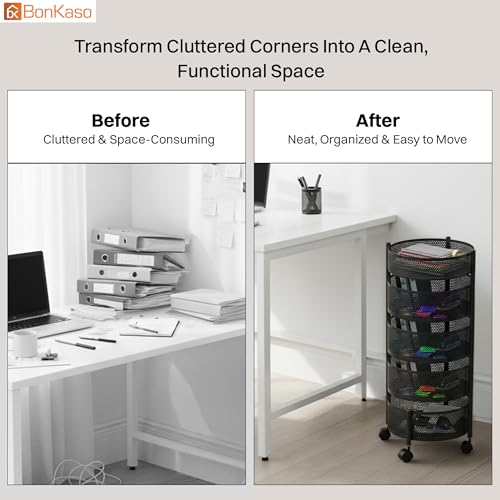 Image of BonKaso 5-Layer Round Multipurpose Kitchen Trolley with Swivel Storage Basket & 360 Rotating Wheels, Black Steel Frame, Easy Mobility, Space-Saving and Durable