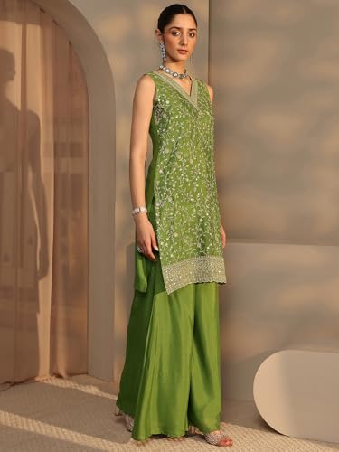 Image of Libas Embroidered Chinon Straight Kurta With Palazzo and Dupatta | ethnic wear | bridal suit | wedding dress | occasion wear