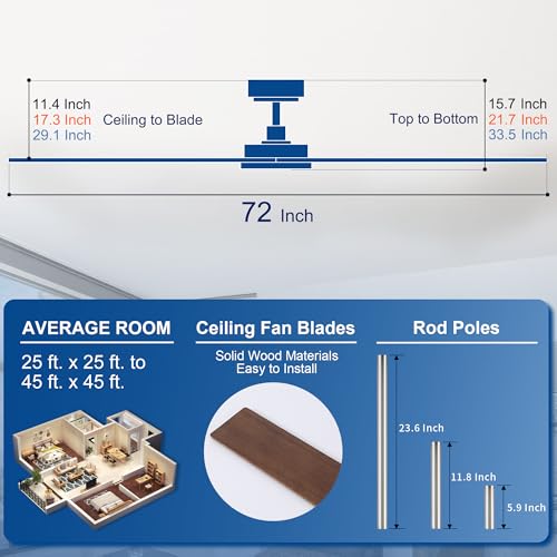 Image of Rayqueen 72 Inch Brushed Nickel Ceiling Fans with Lights and Remote,Downrod