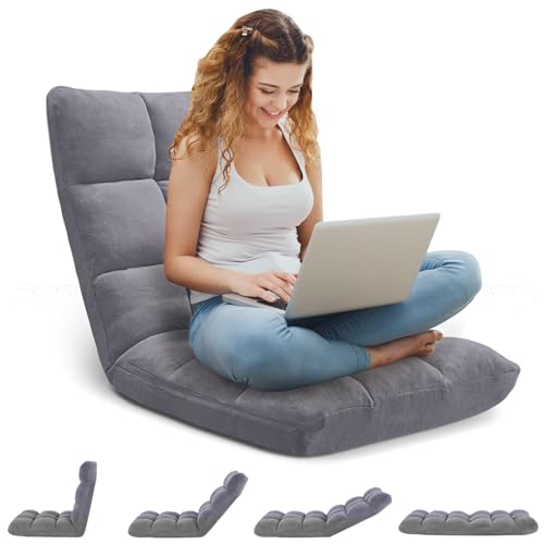 Image of Folding Floor Gaming Chair 14-Poistion Cushioned Adjustable Floor Lazy Sofa Chair w /Breathable Cotton & Skin-Friendly Coral Velve for Adults & Kids Perfect for Reading Gaming Meditating, Grey