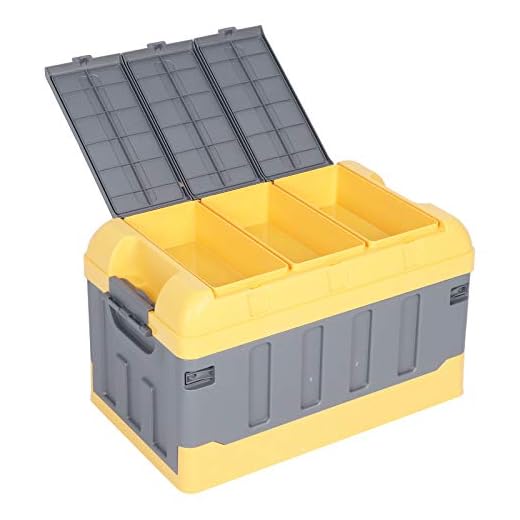 Vikbar förvaringslåda, platsbesparande förvaringslåda, 75 L, hopfällbar förvaringsbehållare 3 fack 40 kg last med lock multifunktion för hembil, SUV, lastbil, bil (gul)