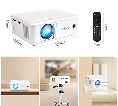 Myra TouYinGer X20 Projector dimensions and remote control dimensions, along with various placement options