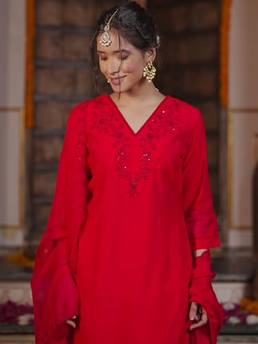 Image of INDO ERA Women's Embroidered Viscose Rayon Straight Kurta Pant with Dupatta Set