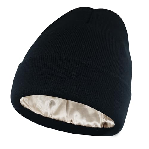 Image of PFFY Womens Satin Lined Beanie Hat Silk Lining Winter Hats Beanies for Women Soft Slouchy Beanie Skull Cap