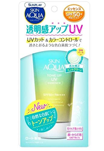 SUNPLAY Skin Aqua Tone Up UV Mint Green Essence SPF50 80G -Is the essence type of day sunscreen with the highest UV-cut effect that also works as color correcting essence.