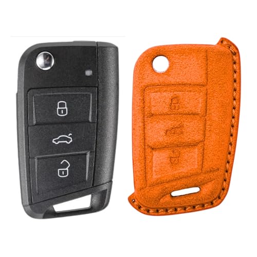 Image of KMH Alcantara Car Key Cover Compatible with Volkswagen Polo Vento Jetta Ameo Passat and Skoda Rapid Laura Superb Octavia Fabia Yeti 3 Button Shell Case Holder Smart Keycover (D1) Orange - Pack of 1