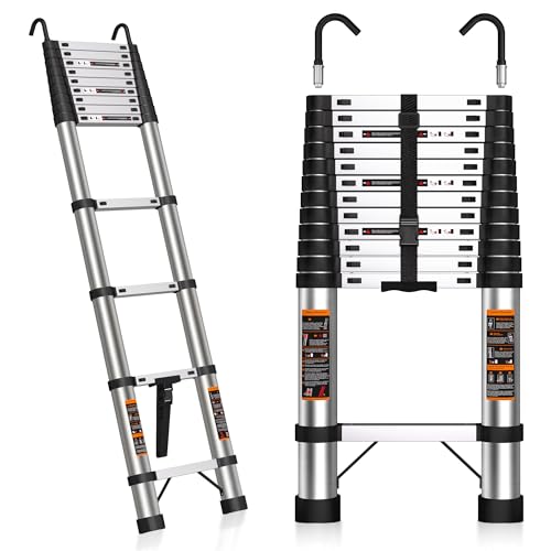 Telescoping Ladder 16.5 FT Stainless Steel Extension Ladder with 2 Detachable Hooks Portable Multi-Purpose Collapsible Telescope Ladder for Home RV Outdoor Work 330lbs Max Capacity