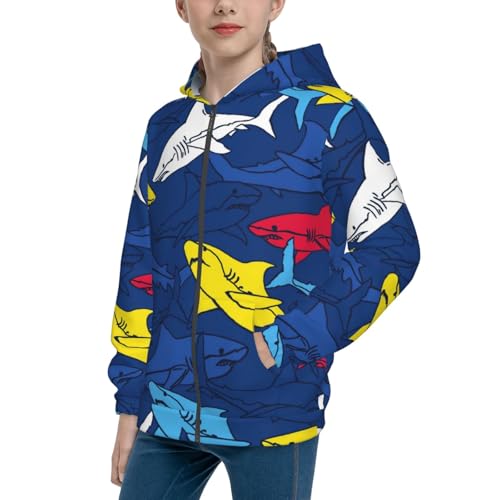 Cartoon Shark Kids Pullover Hoodies Boys Zip Up Sweatshirts Girls Athletic Clothes with Pocket