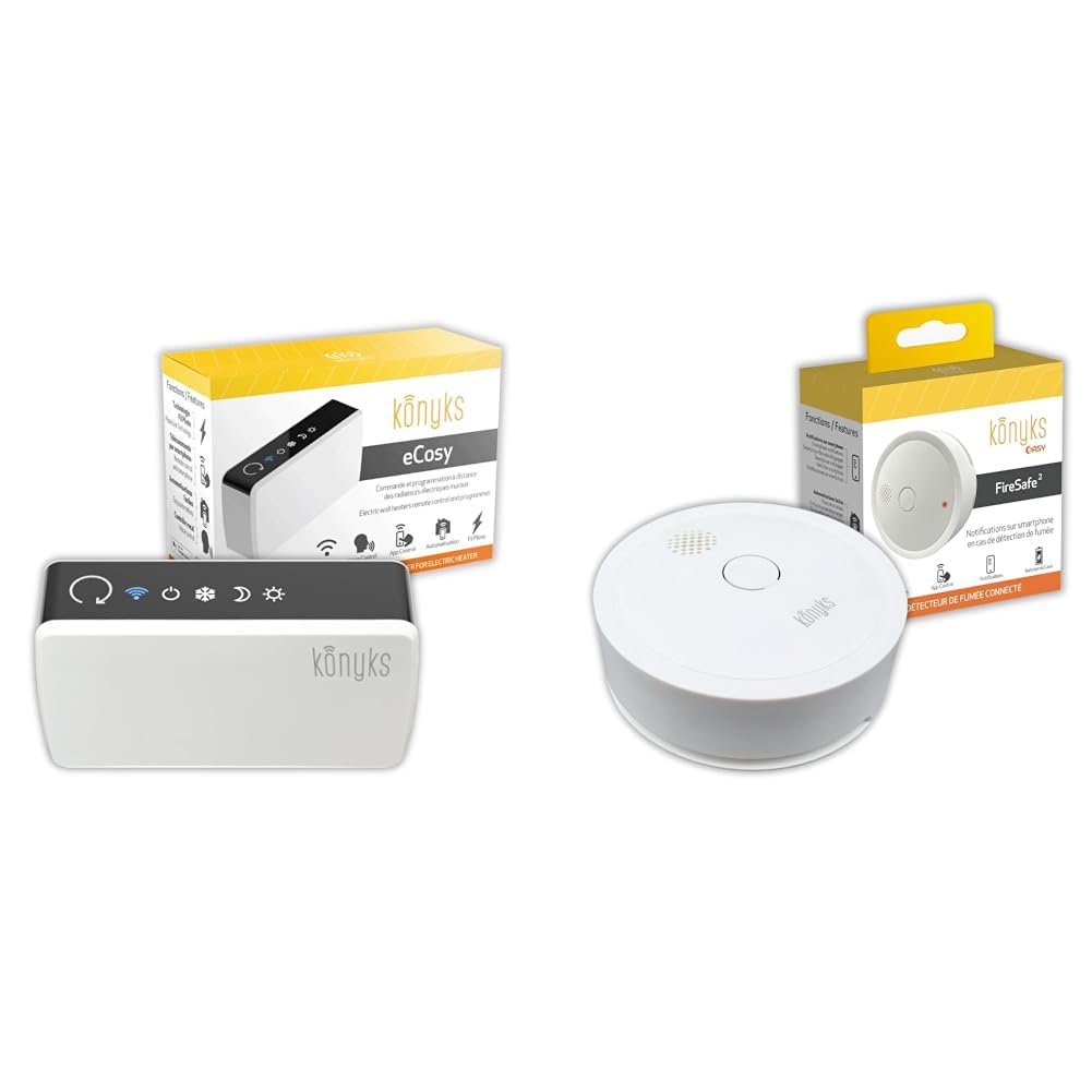 Contrôleur connecté pour radiateur électrique Konyks eCosy, Compatible Alexa & de fumée connecté Wi-FI, Konyks Firesafe 2, Notifications en Temps réel sur Smartphone, 5 Ans d'autonomie