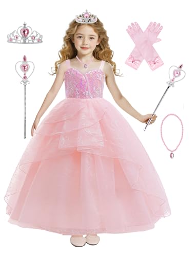 Girl Sequins Tulle Dress Princess Party Prom Ball Gown Pink Witch Dresses with Crown and Wand2