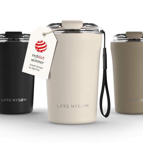 Image of LARS NYSOM Thermo Coffee Mug to go with Strap 13oz | Travel Mug 0.38 Liter with Insulation | Leak Proof Stainless Steel Thermal Tumbler for Coffee and Tea to Go (Cream Beige, 12.9oz)