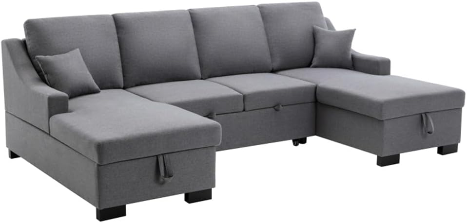 Upholstery Sleeper Sectional Sofa with Storage Spaces, 2 Roller Tossing Cushions,Suitable for Living Room
