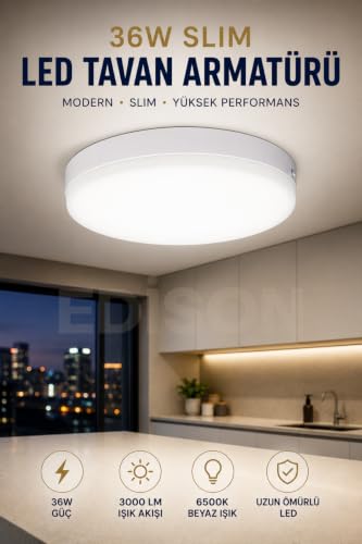 36W Slim LED Tavan Armatürü, 3000 Lümen, Yuvarlak Panel, Beyaz Işık