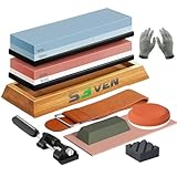 S3VEN Whetstones for Sharpening Knives Kit - 4 Sided Grit 400/1000 & 3000/8000 Knife Sharpening Stone Set with Non-Slip Bamboo Base, Leather Honing Strop, Polishing Compound & Cut Resistant Gloves