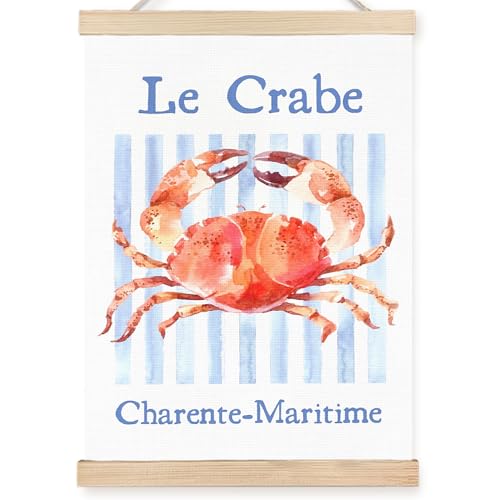 Image of PQKIY Coastal Beach Crab Wall Art Poster Hanger Frame 12x16 in, Summer Watercolor Beach Seafood Red Crab Blue Striped Aesthetic Wall Decor Canvas Prints for Home Kitchen Dining Room
