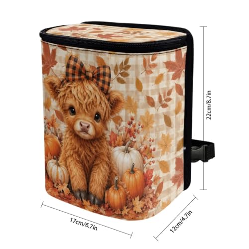Image of Talayituse Fall Highland Cow Pumpkin Print Car Trash Can Portable Auto Garbage Bin Multifunctional Vehicle Interior Accessories with Adjustable Straps Universal Fit Truck SUV Sedan Autumn Decor