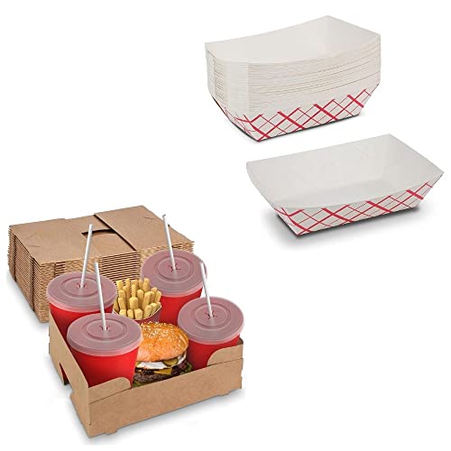 Corner Pop-Up 4 Paperboard Food and Drink J-Type Tray Perfect for Food/Drinks (25 Pieces) and Paper Food Tray - 5 lb Disposable Plaid Classy Red and White Boats (50 Pieces) by MT Products