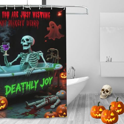 Funny Skull Skeleton Shower Curtain for Scary Halloween Decorations Gothic Spooky Ghost Pumpkin Waterproof Fabric Shower Curtains with Hooks for Horror Bathroom Decor Haunted House Props 72x72Inch - image 4