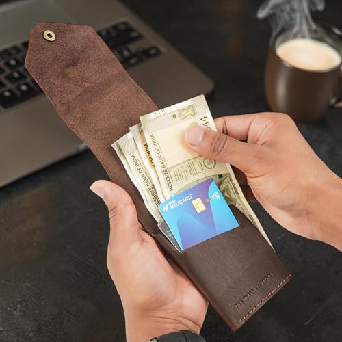 Image of The Wallet Store Flip 2.0 Genuine Leather Vertical Slim Wallet for Men | Easy Quick Card Access | Compact Front Cash Pocket & Button Lock | Minimalist Travel & Daily Carry Wallet (Dark Brown)