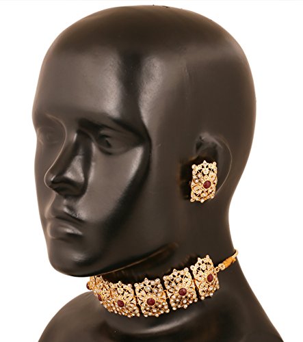 Image of Touchstone Mughal Jali Collection Gold Tone Indian Mughal Bollywood White Diamante Jewelry Choker Set for Women