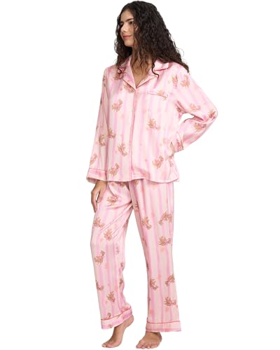 Image of YiNi LuLu Womens Silk Satin Pajamas Set Button Down 2 Piece Pjs Long Sleeve Oversized Sleepwear with Pockets