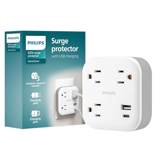 Mejores comprativas On-line Iluminación Philips salas los mejores 5. 37 Philips SPP9393W/37 Extensor de salida de sobretensión de 3 salidas con USB, 1 USB-A, 1 USB-C, 12W, 980J, blanco