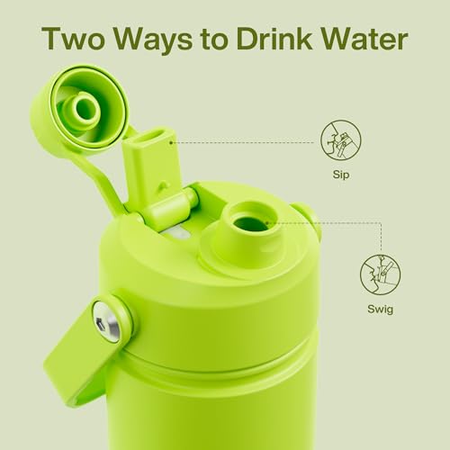 Image of Kids Insulated Water Bottle with Straw - 12oz Stainless Steel Water Bottle with Dual Spouts, Leak-Proof, BPA-Free, Double Wall Vacuum Keeps Cold for 24 Hours for Sports, Travel, School (Sharp Green)