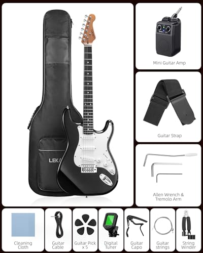 Image of LEKATO Beginner Electric Guitar Kit 39 Inch Full Size Solid Body Guitar SSS for Starter Roasted Maple Neck Stainless Steel Frets, 5w Plug-in Amp, Bag, Tuner, Capo, Strap, Picks, String, Cable - Black