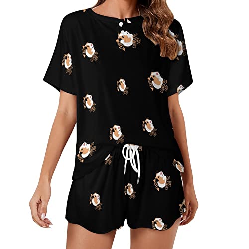 Crazy Guinea Pig Lady Women's Pajama Set Short Sleeve Shirt and Shorts Sleepwear Lounge Set XL