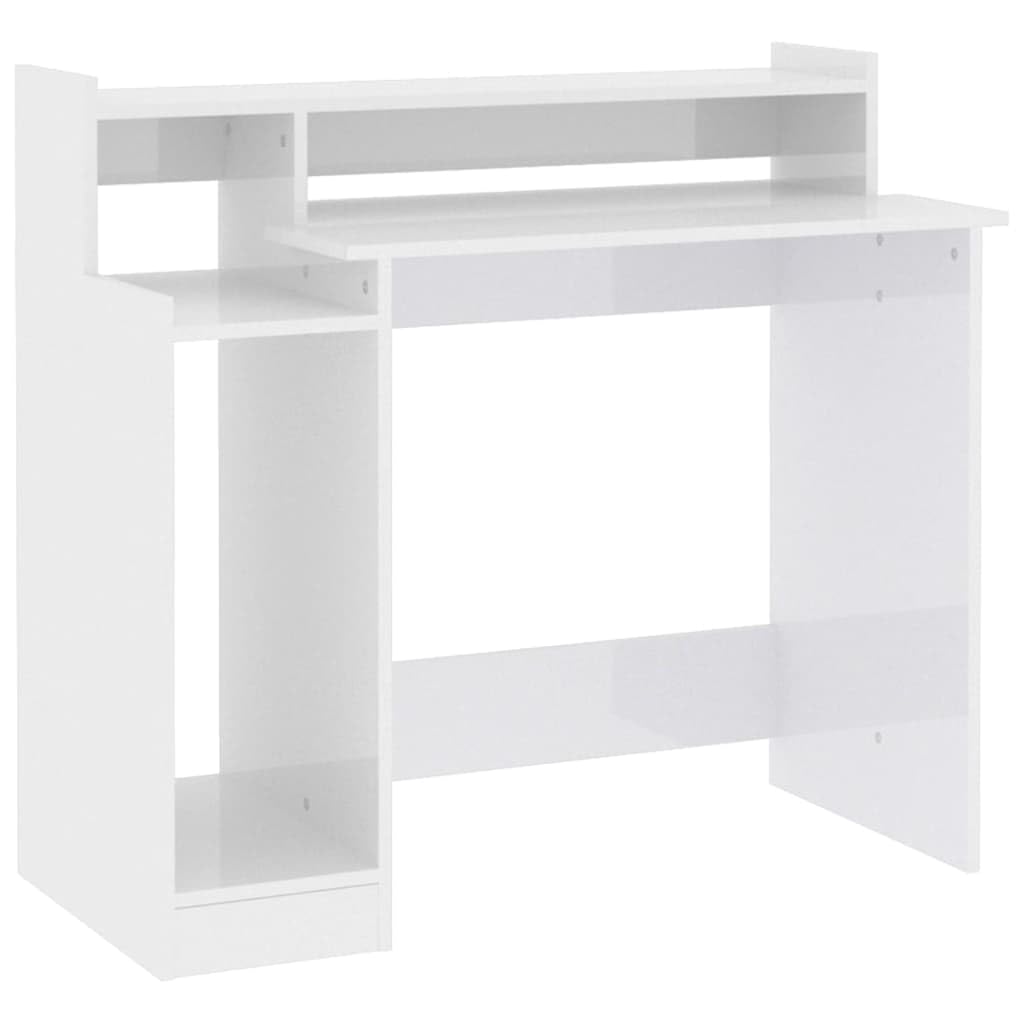 Bureau en Bois d'ingénierie Blanc Brillant avec éclairage LED intégré 97x45x90cm pour Ordinateur, étude, Gaming, Meuble de Travail, Design Pratique et Ambiance Moderne