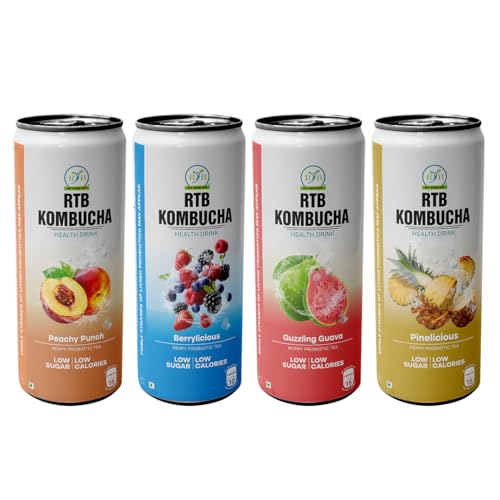 Image of RTB KOMBUCHA Health Drink Combo of 4-250ml Each (Peach, Mixed Berries, Guava & Pineapple) Helps in Immune System & Digestive System(Kombucha Culture, Fruit Pulp & Organic Sugar) Gluten Free, Non-GMO