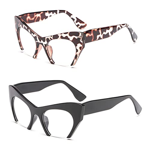 bullabulling Fashion Half Moon Cat-Eye Reading Glass For Women Half-Rim Eyeglass Frame Large lens (leopard/black, 2.5)