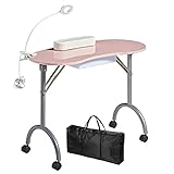 CHAOEEMY Portable manicure table，Folding nail desk for teach with Large PP plastic drawer、LED-Light、Wrist rest、Carry Bag for home manicure、spa salon、professtional nail painting、tattoo,Pink