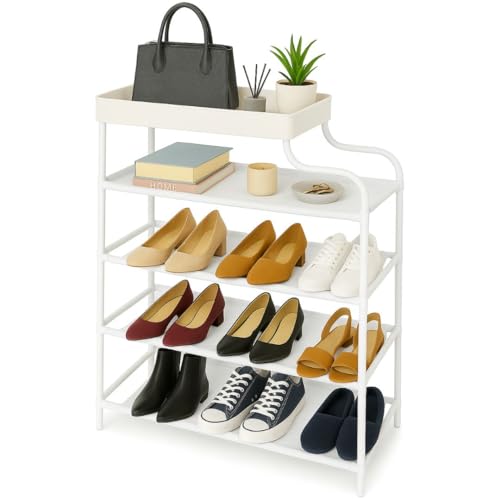Zapatero Estrecho de 5 Niveles con Tela Impermeable, Estructura Metálica y Bandeja Calada – Organizador de Zapatos para Entrada, Recibidor o Closet – Ahorra Espacio y Mantiene el Orden (Blanco)