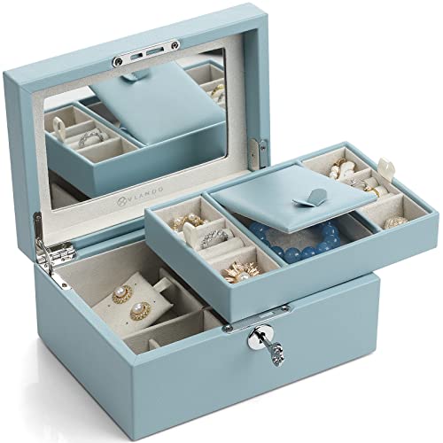 Vlando Two Tray Lockable Jewelry Box, Jewelries Collections Organizer, Girls Gift (Light Blue)